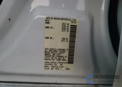 2016 Nissan Altima 2.5 z USA, uszkodzony, nr VIN 1N4AL3AP1GC209450